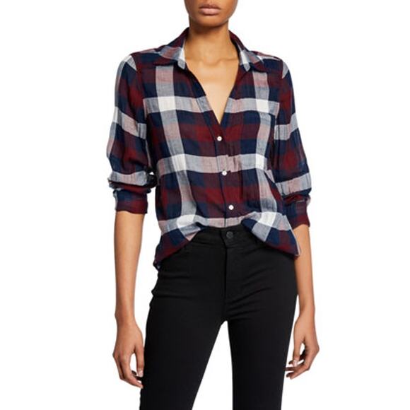 PAIGE Neve Button-Down Plaid Shirt  Burgundy Size SMALL NWT - Picture 1 of 13